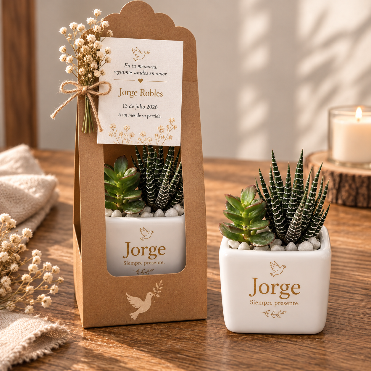 RecueRecuerdos de Misa con Suculentas Personalizadas – Abrazo Eterno
